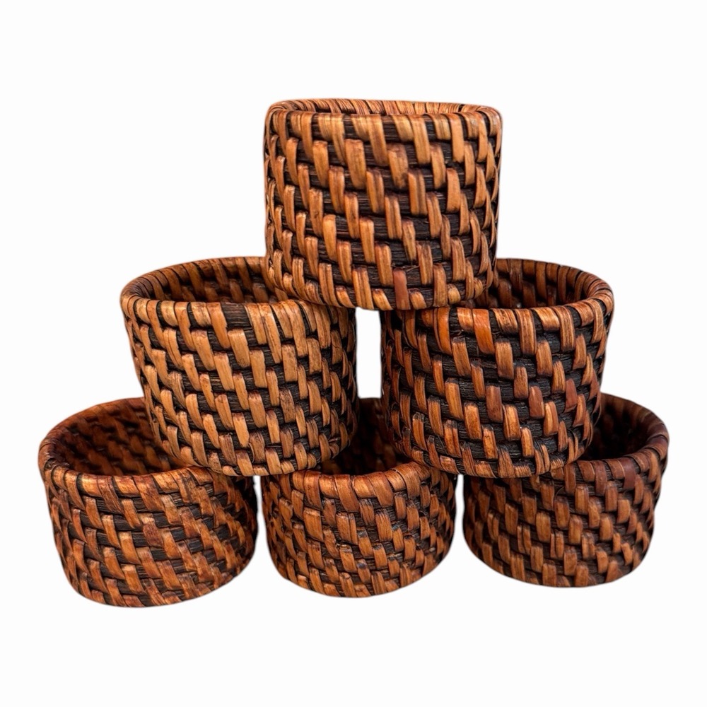 Set of 6 Woven Rattan Wicker Napkin Rings Brown Rustic Coastal Farmhouse Boho
